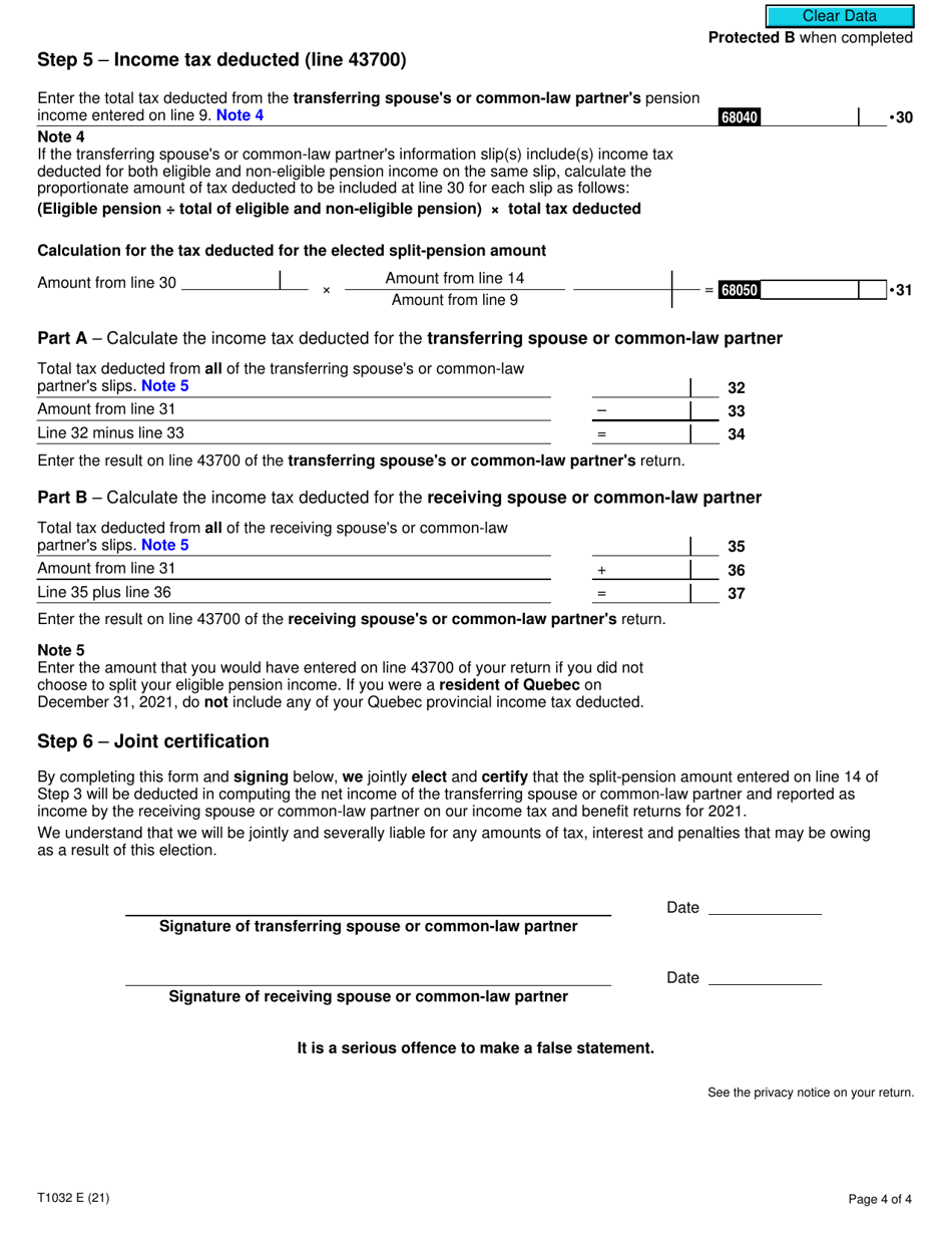 Form T1032 Joint Election to Split Pension Income - Canada, Page 4