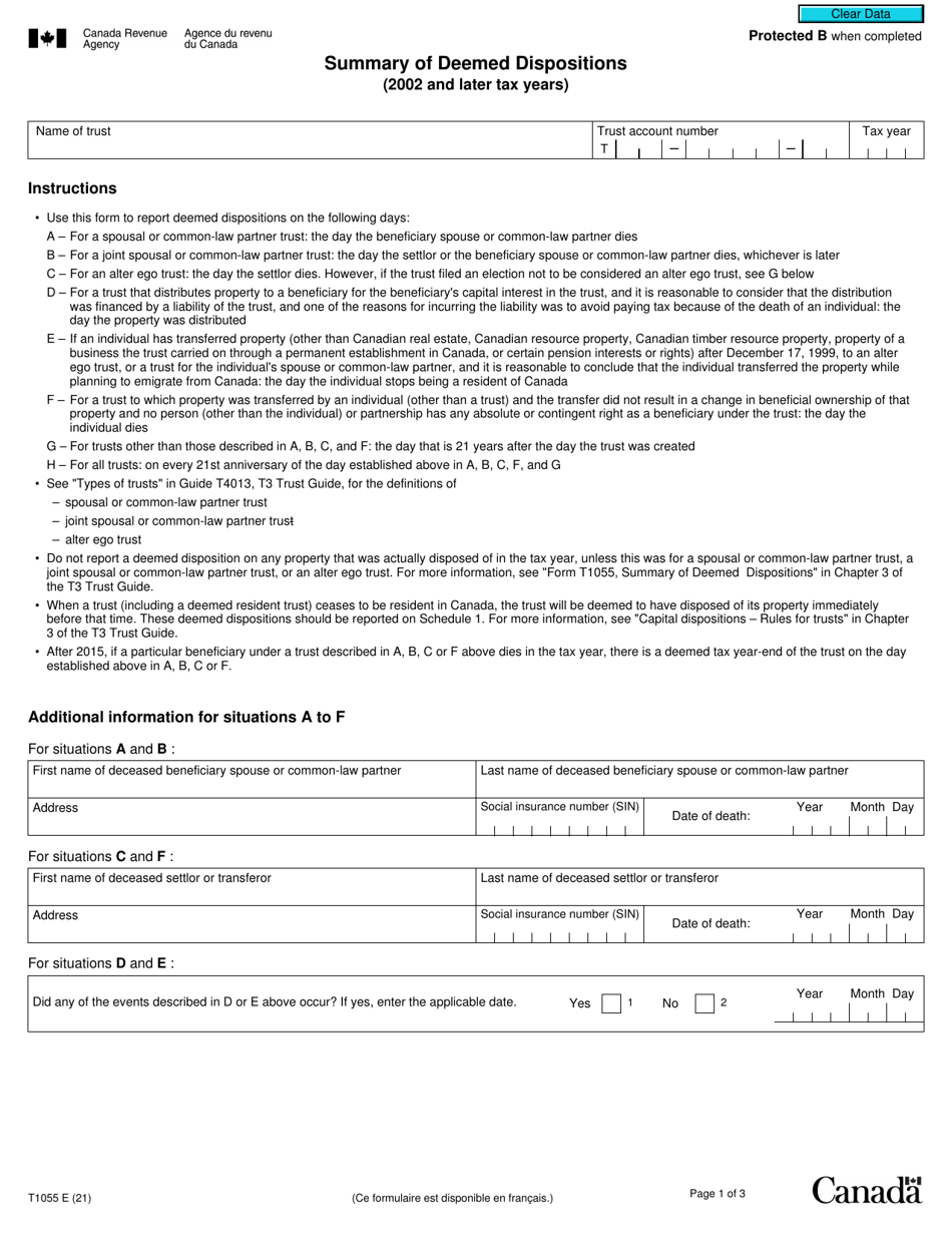 Form T1055 Summary of Deemed Dispositions (2002 and Later Tax Years) - Canada, Page 1