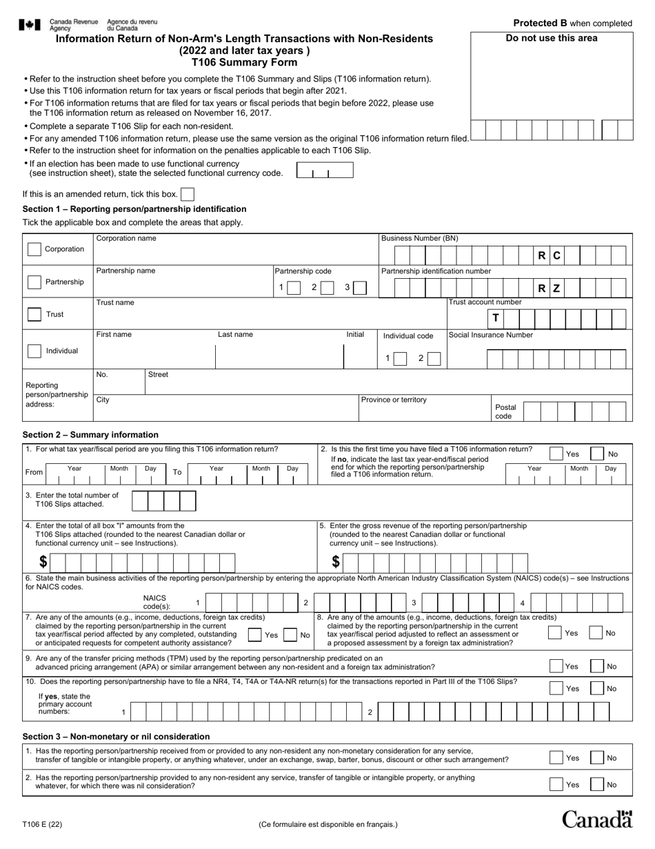 Form T106 Information Return of Non-arms Length Transactions With Non-residents (2022 and Later Tax Years) - Canada, Page 1