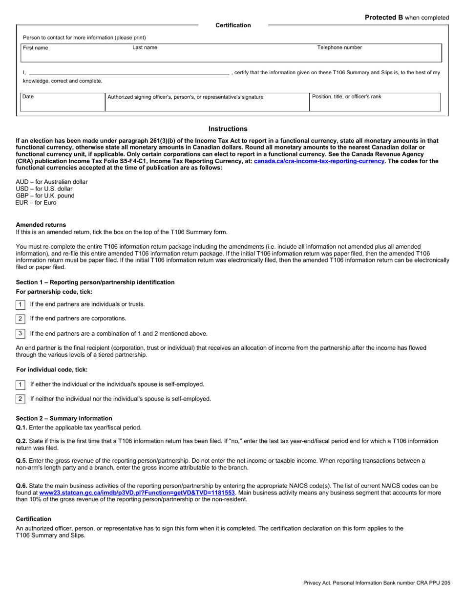 Form T106 Information Return of Non-arms Length Transactions With Non-residents (2022 and Later Tax Years) - Canada, Page 2