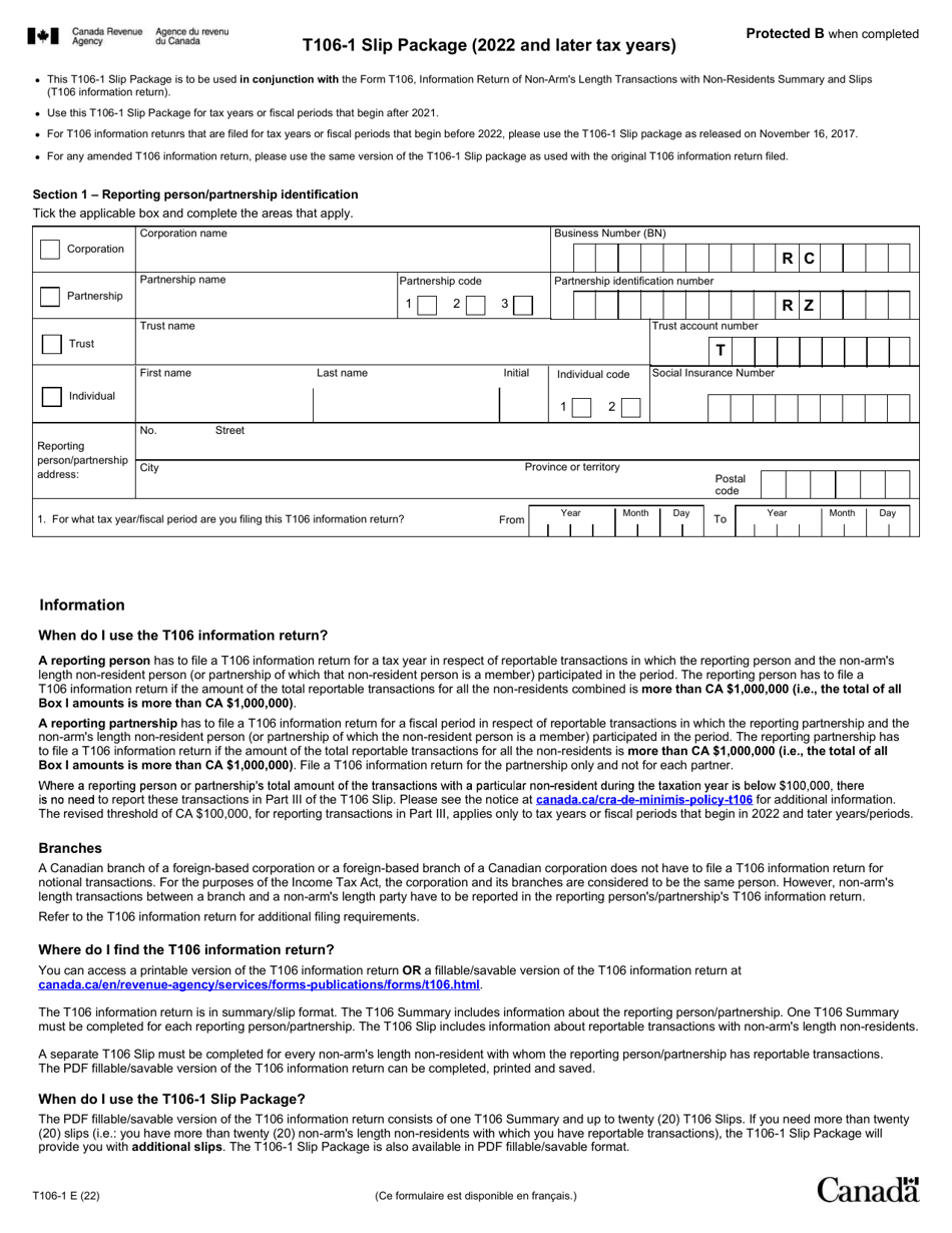 Form T106-1 Slip Package (2022 and Later Tax Years) - Canada, Page 1