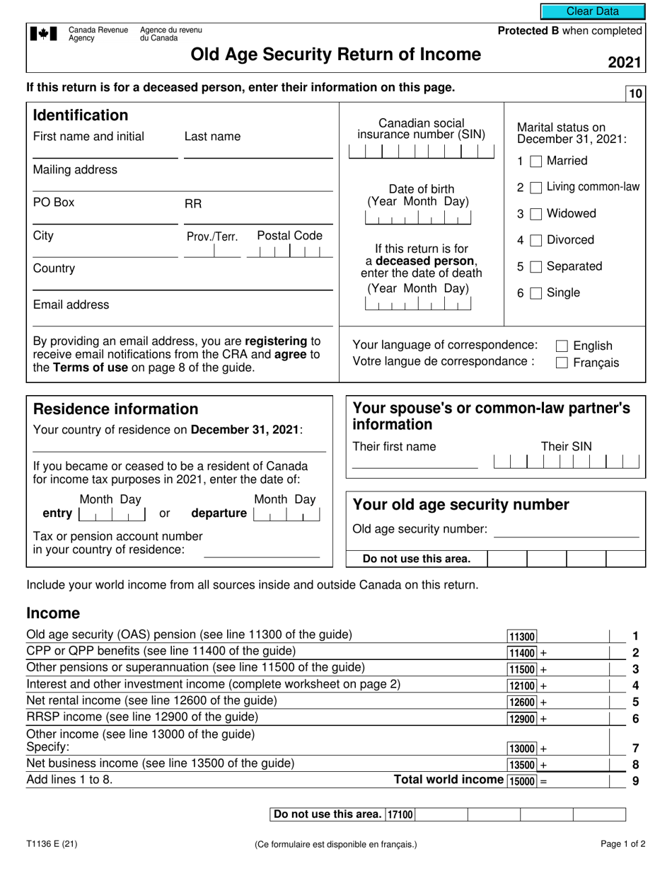 Form T1136 Old Age Security Return of Income - Canada, Page 1