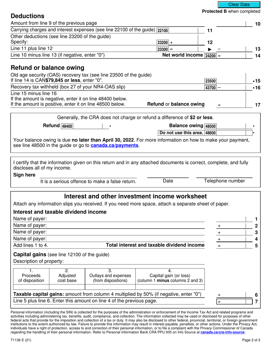 Form T1136 Old Age Security Return of Income - Canada, Page 2