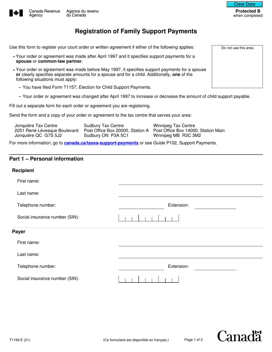 Form T1158 Registration of Family Support Payments - Canada, Page 1