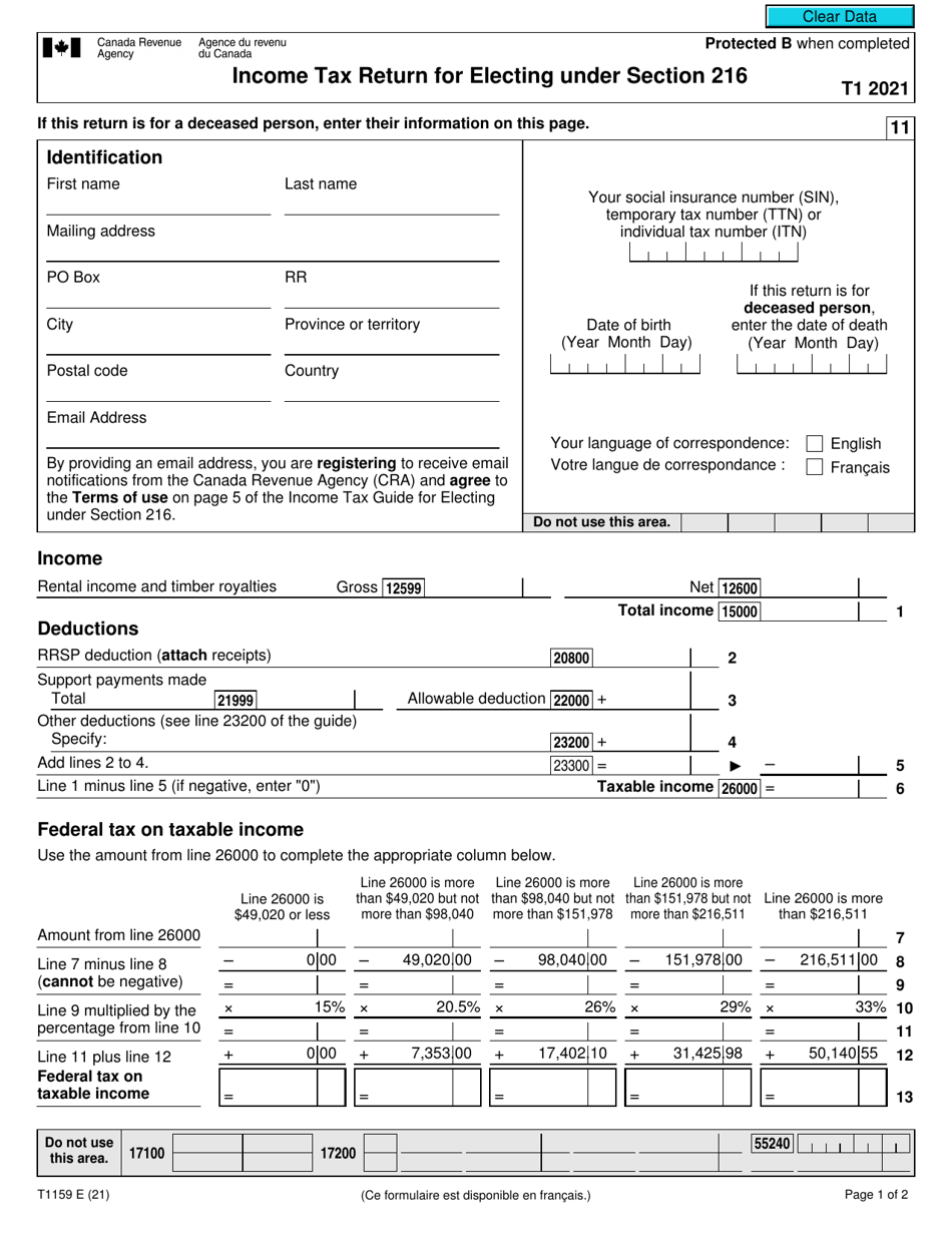 Form T1159 Income Tax Return for Electing Under Section 216 - Canada, Page 1