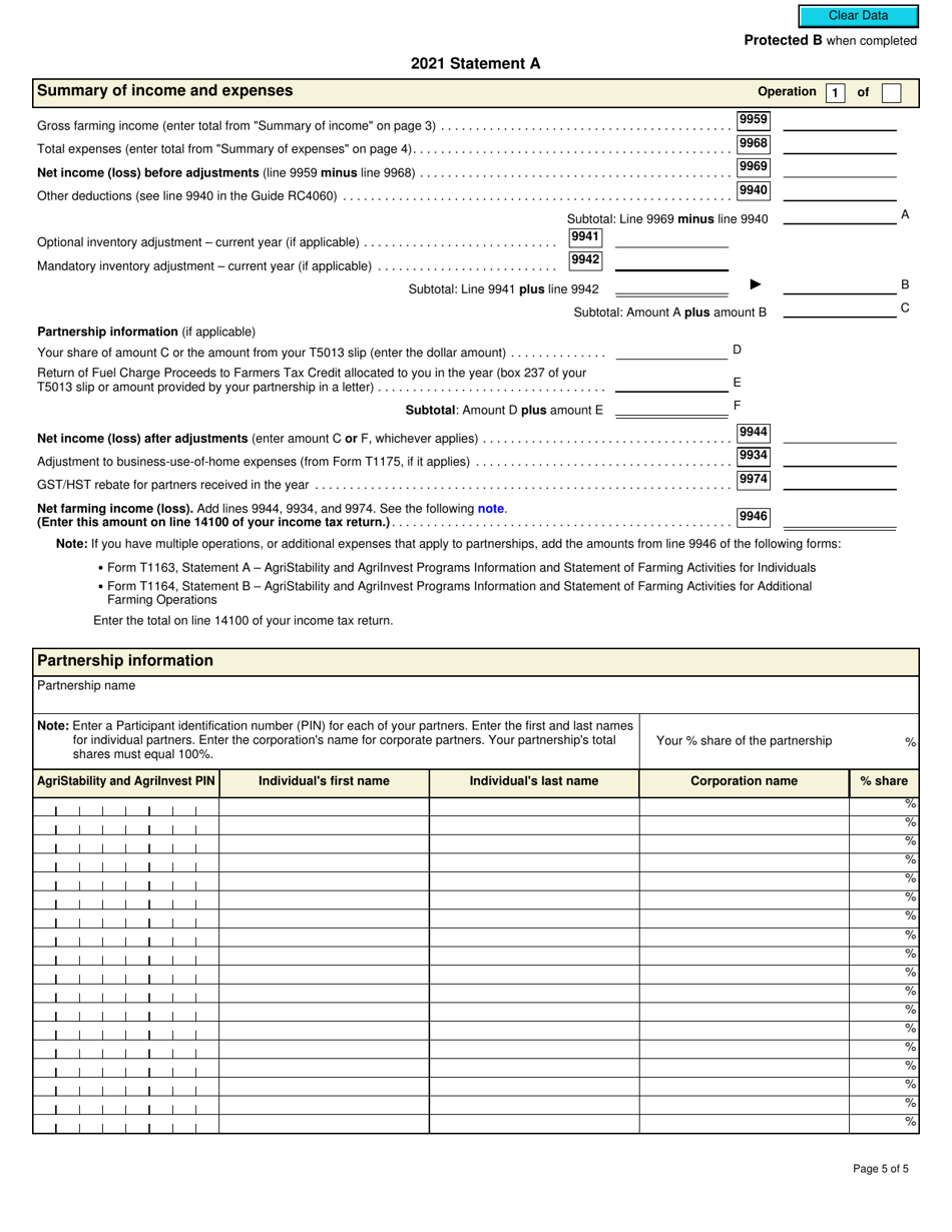 Form T1163 Statement a - Agristability and Agriinvest Programs Information and Statement of Farming Activities for Individuals - Canada, Page 5