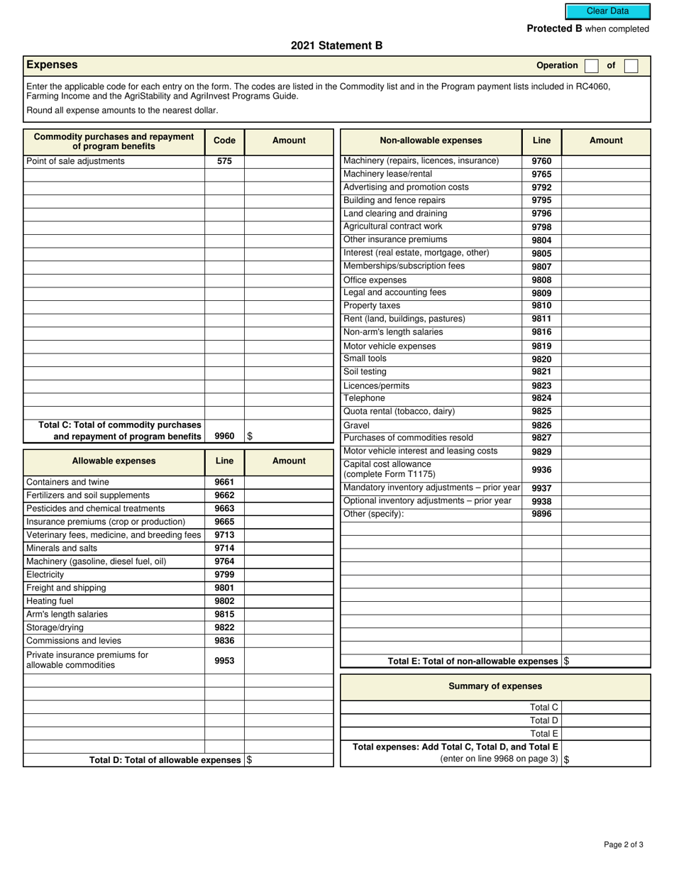 Form T1164 Statement B - Agristability and Agriinvest Programs Information and Statement of Farming Activities for Additional Farming Operations - Canada, Page 2