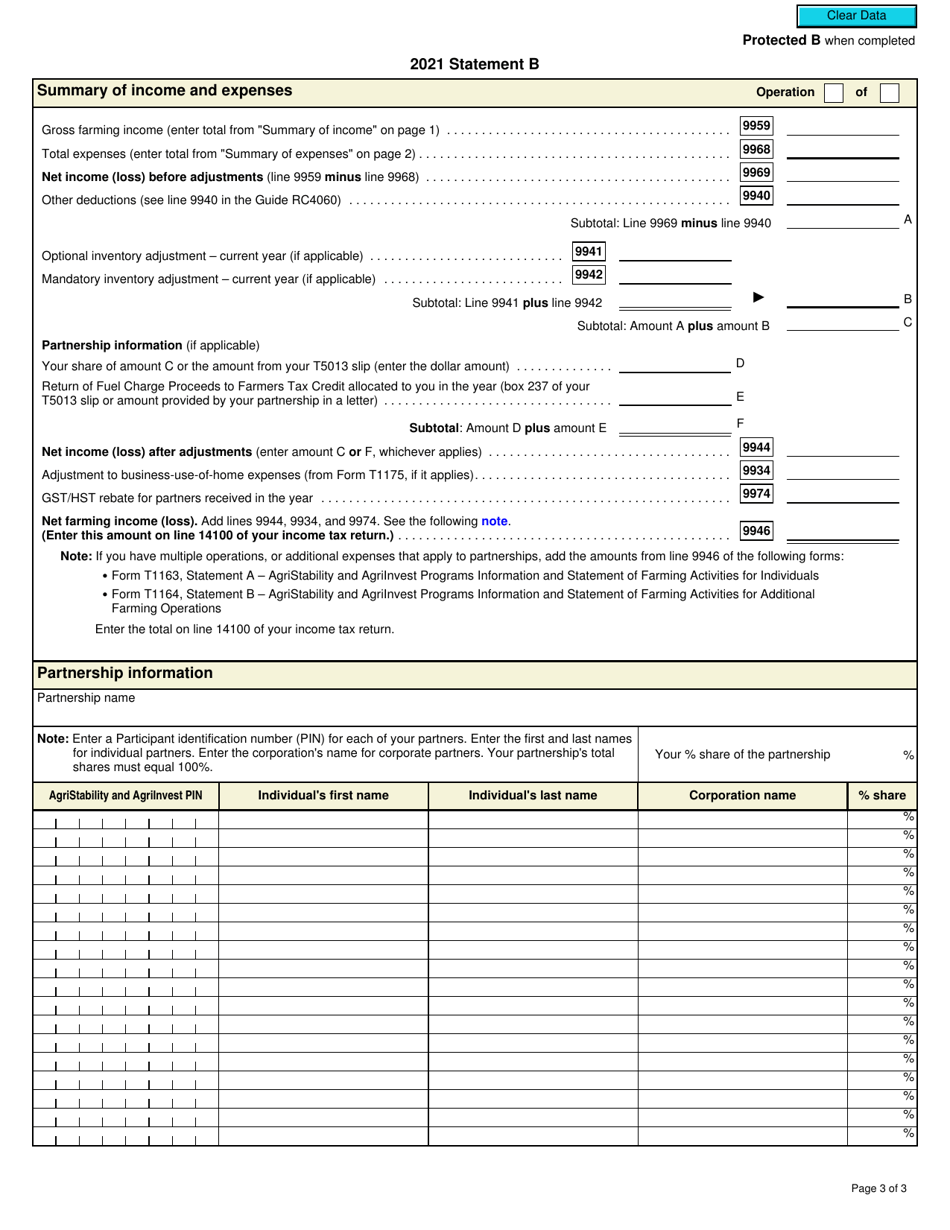 Form T1164 Statement B - Agristability and Agriinvest Programs Information and Statement of Farming Activities for Additional Farming Operations - Canada, Page 3