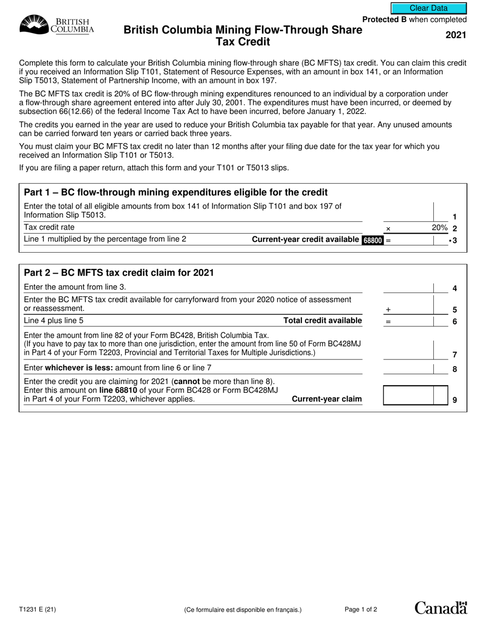 Form T1231 British Columbia Mining Flow-Through Share Tax Credit - Canada, Page 1