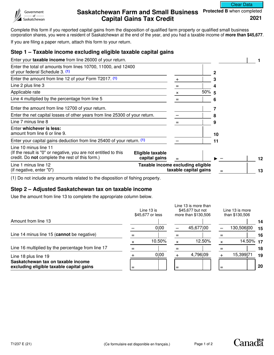 Form T1237 Saskatchewan Farm and Small Business Capital Gains Tax Credit - Canada, Page 1