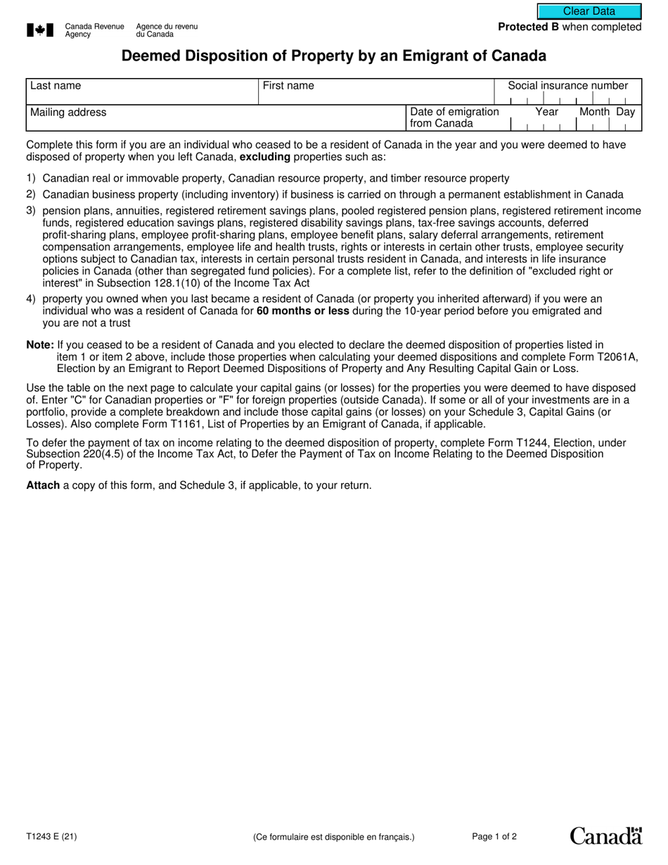 Form T1243 Deemed Disposition of Property by an Emigrant of Canada - Canada, Page 1