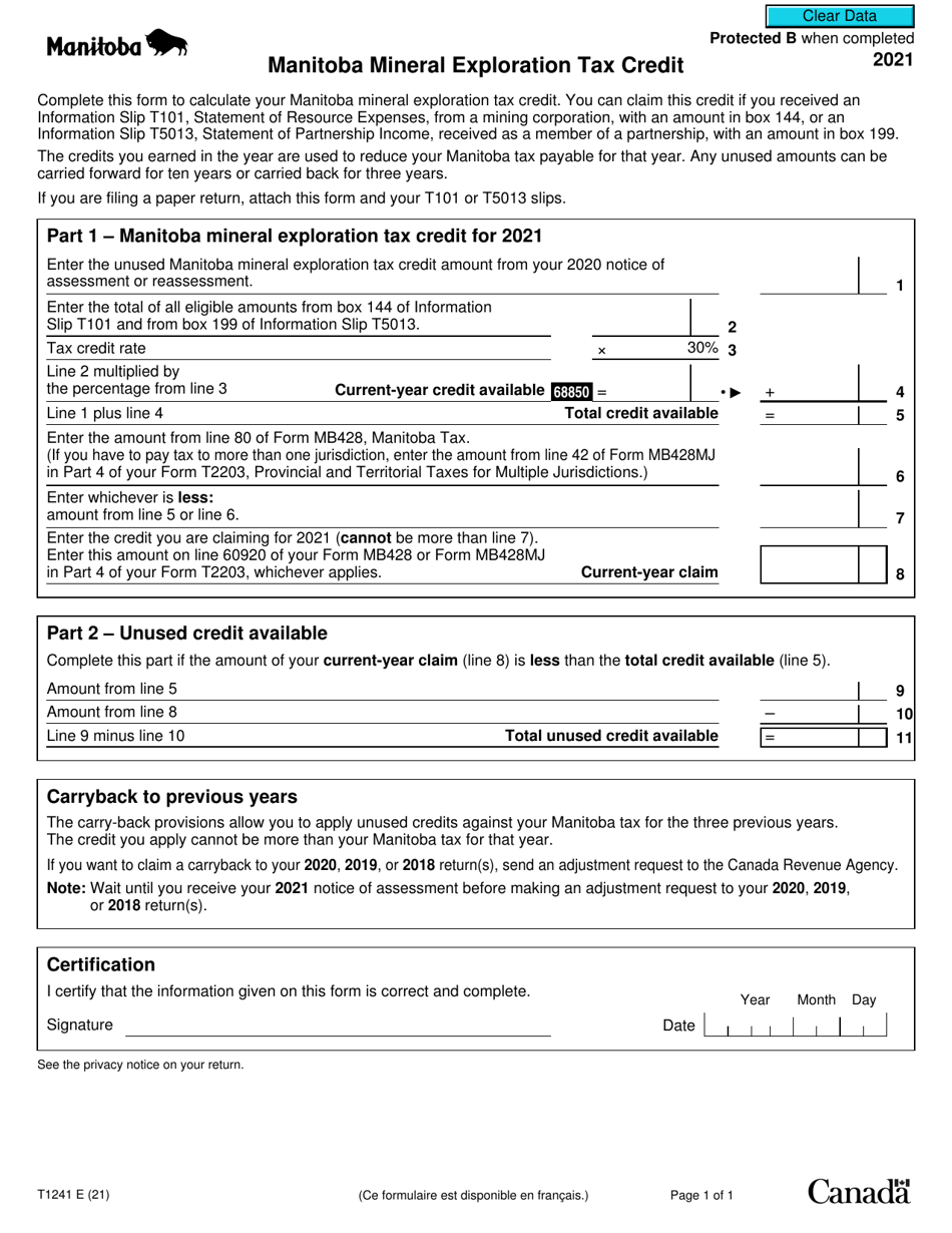 Form T1241 Manitoba Mineral Exploration Tax Credit - Canada, Page 1