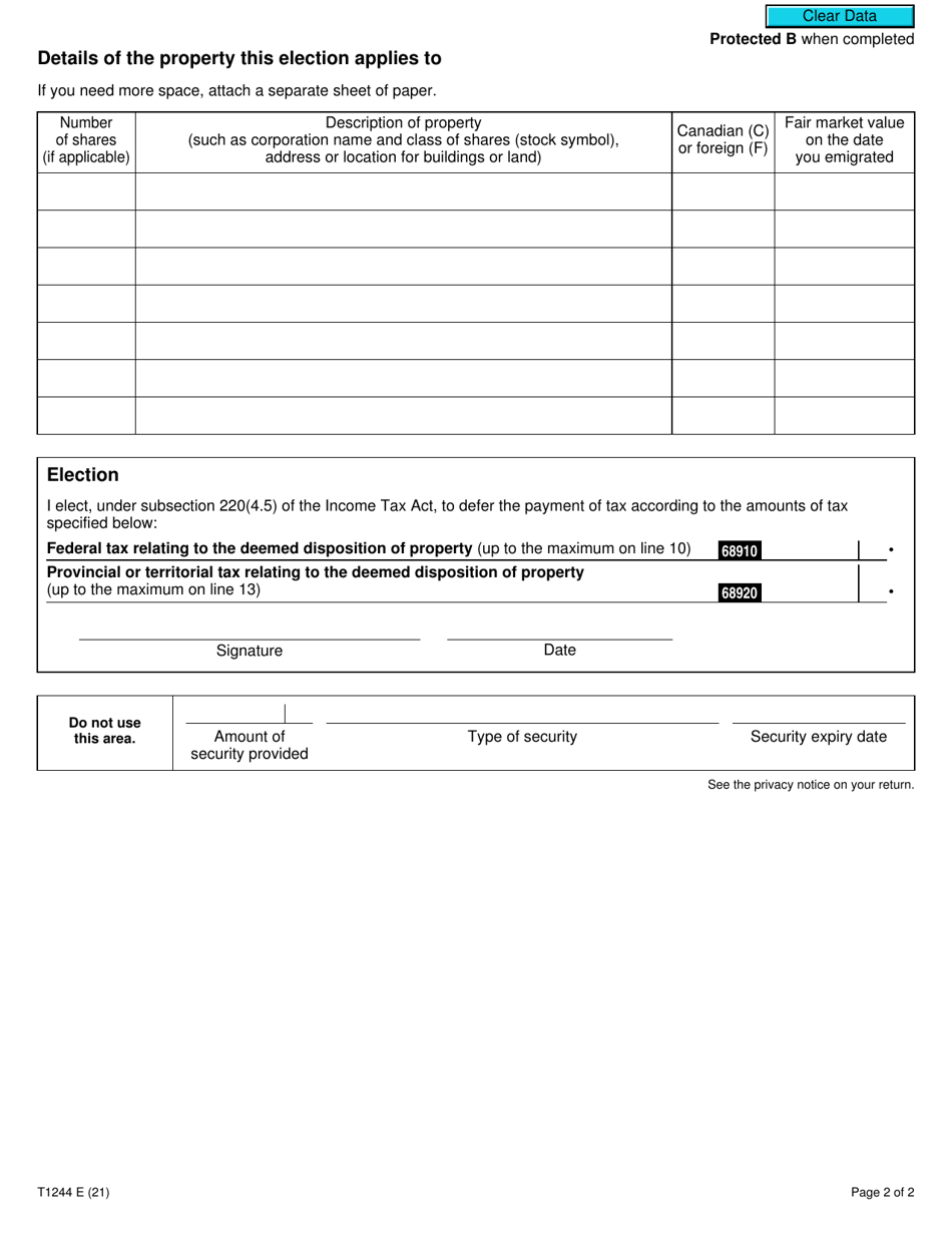 Form T1244 Election, Under Subsection 220(4.5) of the Income Tax Act, to Defer the Payment of Tax on Income Relating to the Deemed Disposition of Property - Canada, Page 2