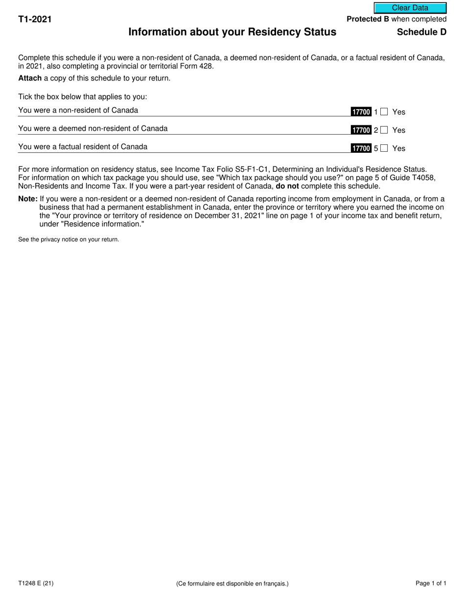 Form T1248 Schedule D Information About Your Residency Status - Canada, Page 1