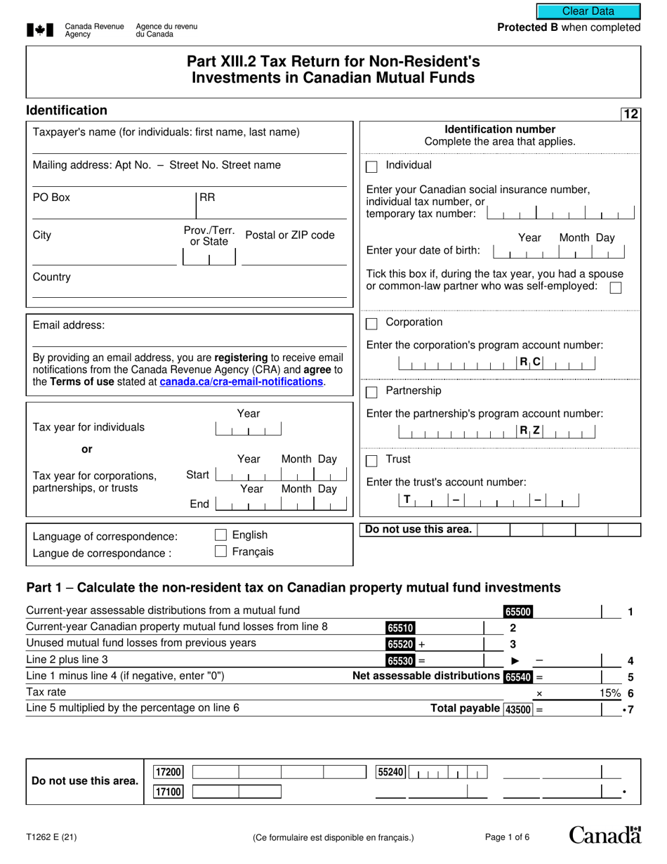 Form T1262 Part XIII.2 Tax Return for Non-resident's Investments in Canadian Mutual Funds - Canada, Page 1