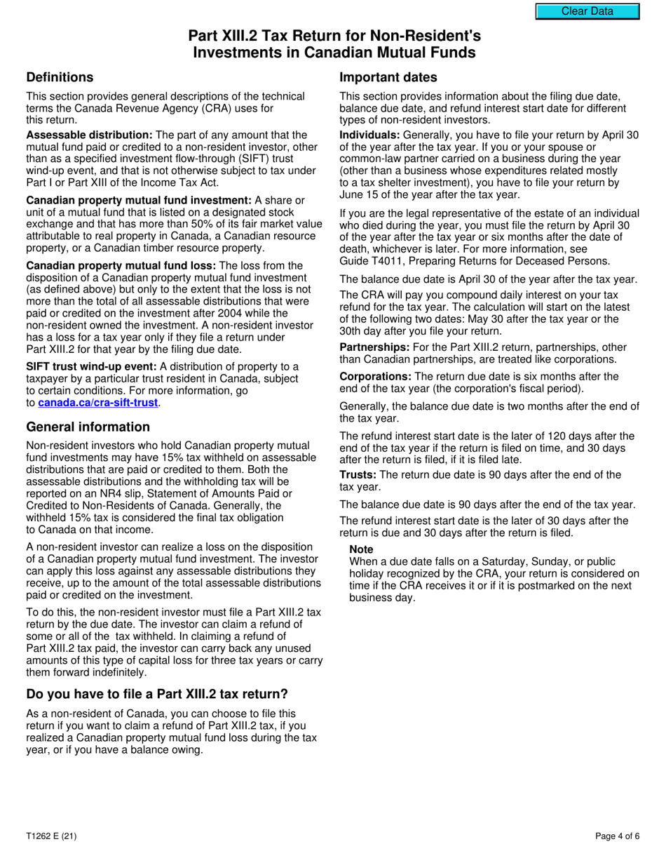 Form T1262 Part XIII.2 Tax Return for Non-residents Investments in Canadian Mutual Funds - Canada, Page 4
