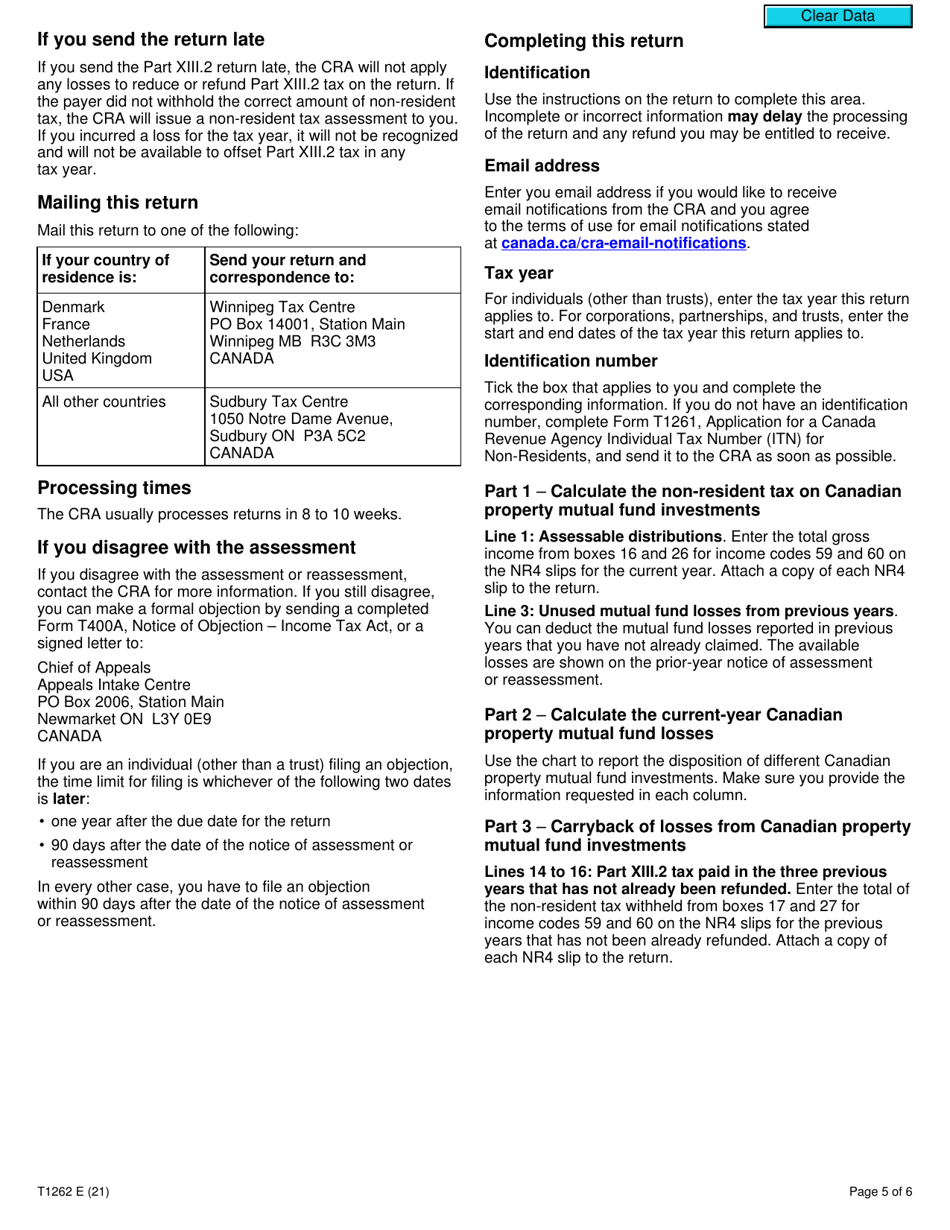 Form T1262 Part XIII.2 Tax Return for Non-residents Investments in Canadian Mutual Funds - Canada, Page 5