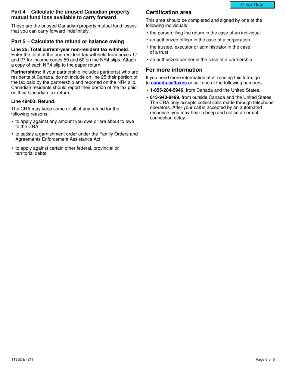 Form T1262 Part XIII.2 Tax Return for Non-residents Investments in Canadian Mutual Funds - Canada, Page 6