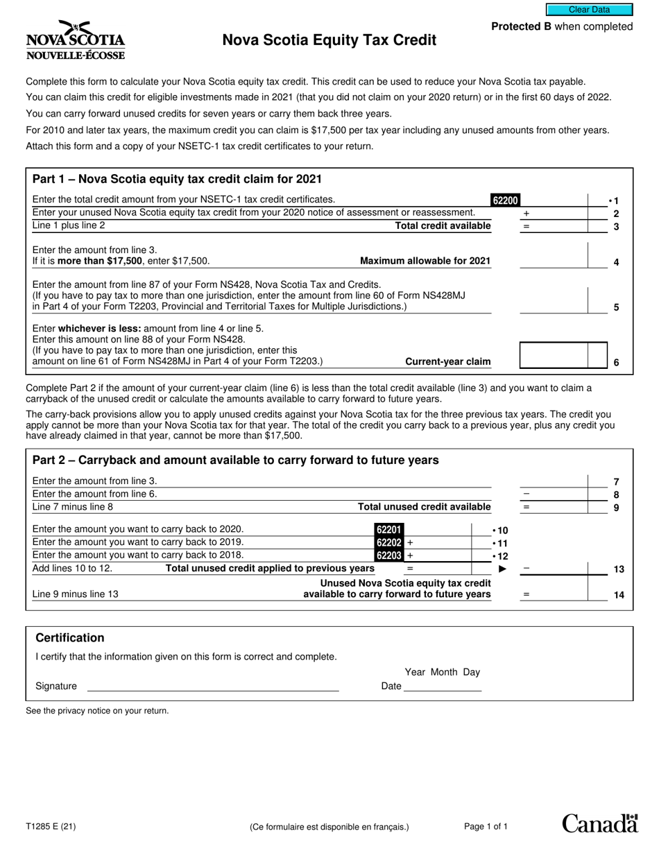 Form T1285 Nova Scotia Equity Tax Credit - Canada, Page 1