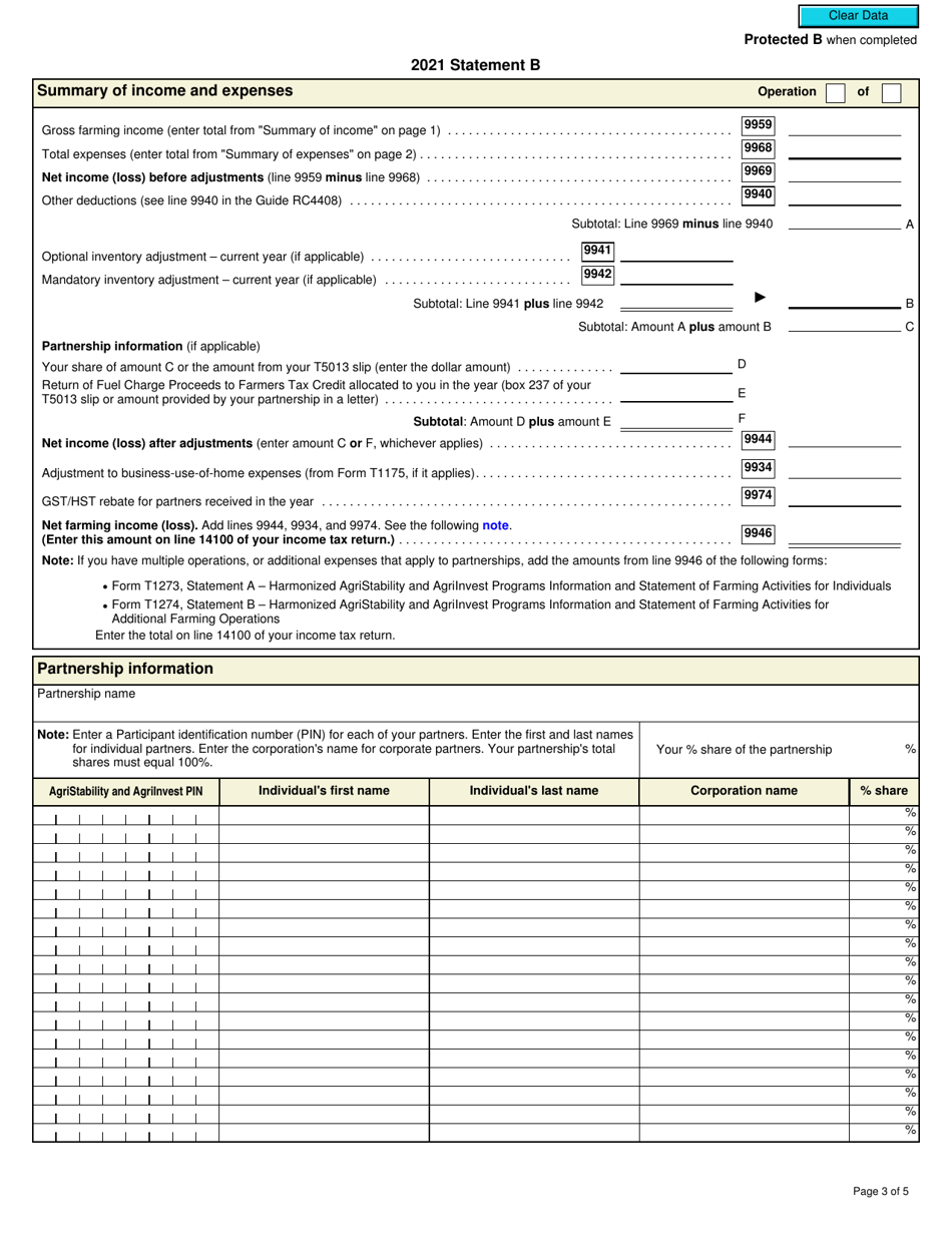 Form T1274 Statement B - Harmonized Agristability and Agriinvest Programs Information and Statement of Farming Activities for Additional Farming Operations - Canada, Page 3