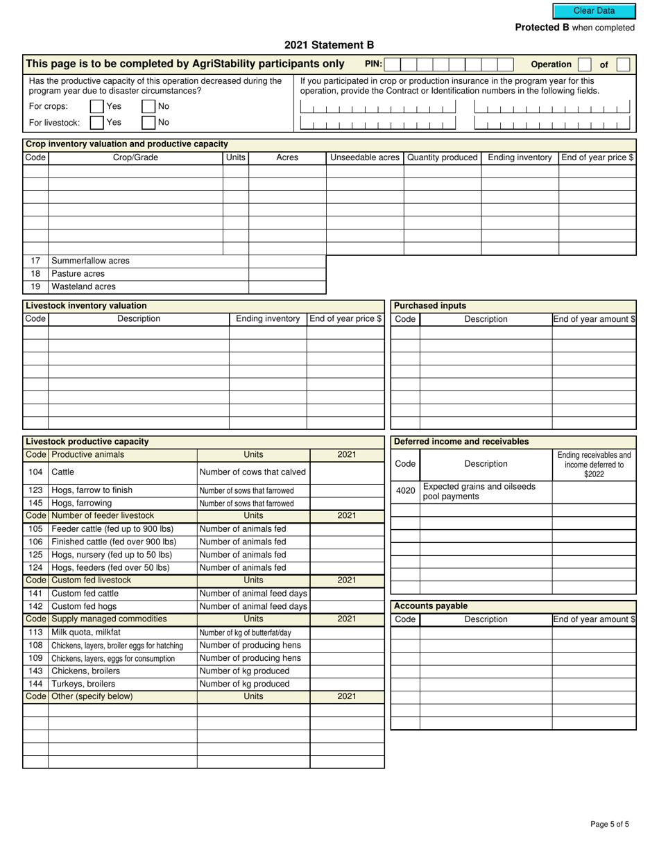 Form T1274 Statement B - Harmonized Agristability and Agriinvest Programs Information and Statement of Farming Activities for Additional Farming Operations - Canada, Page 5