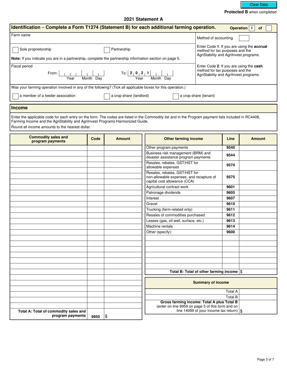 Form T1273 Statement a - Harmonized Agristability and Agriinvest Programs Information and Statement of Farming Activities for Individuals - Canada, Page 3