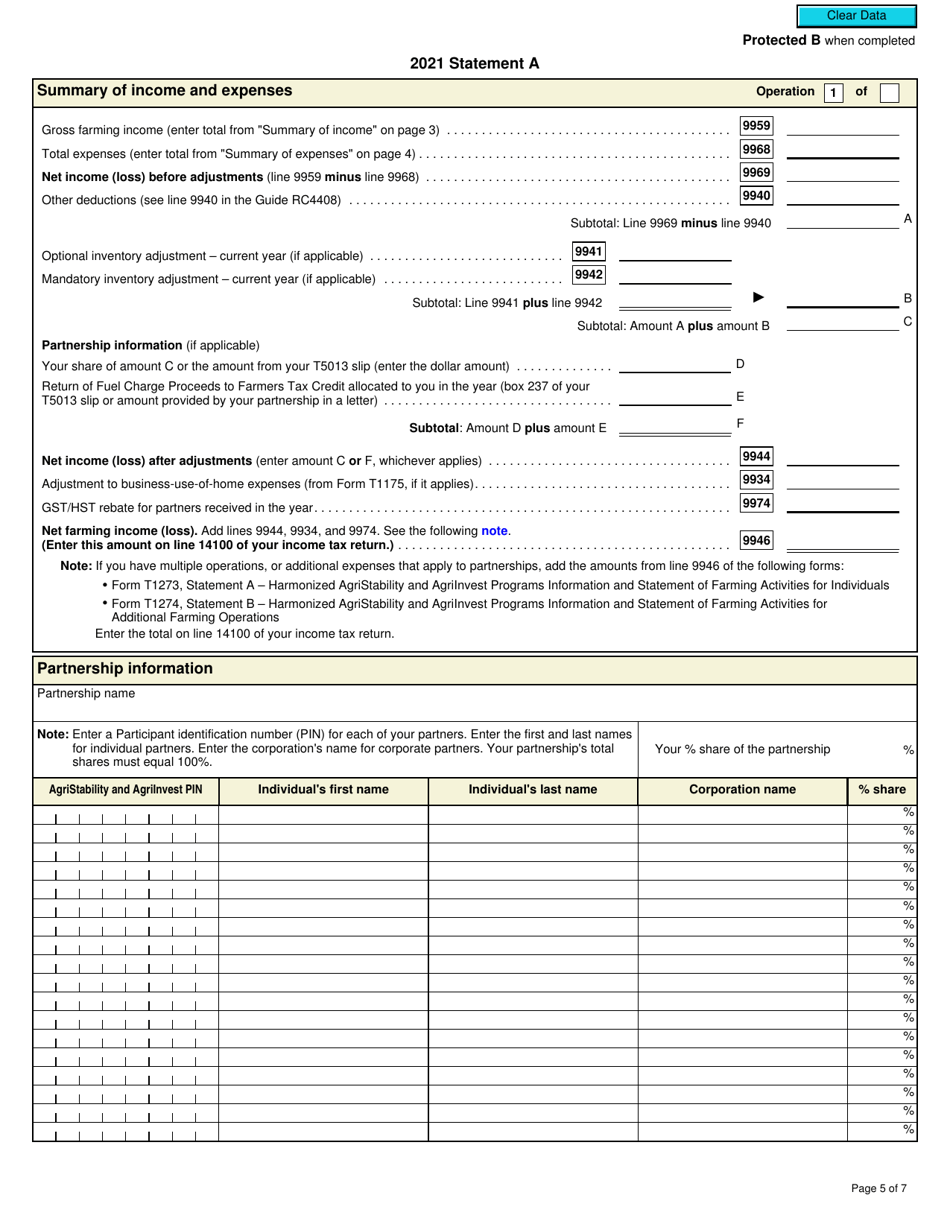 Form T1273 Statement a - Harmonized Agristability and Agriinvest Programs Information and Statement of Farming Activities for Individuals - Canada, Page 5
