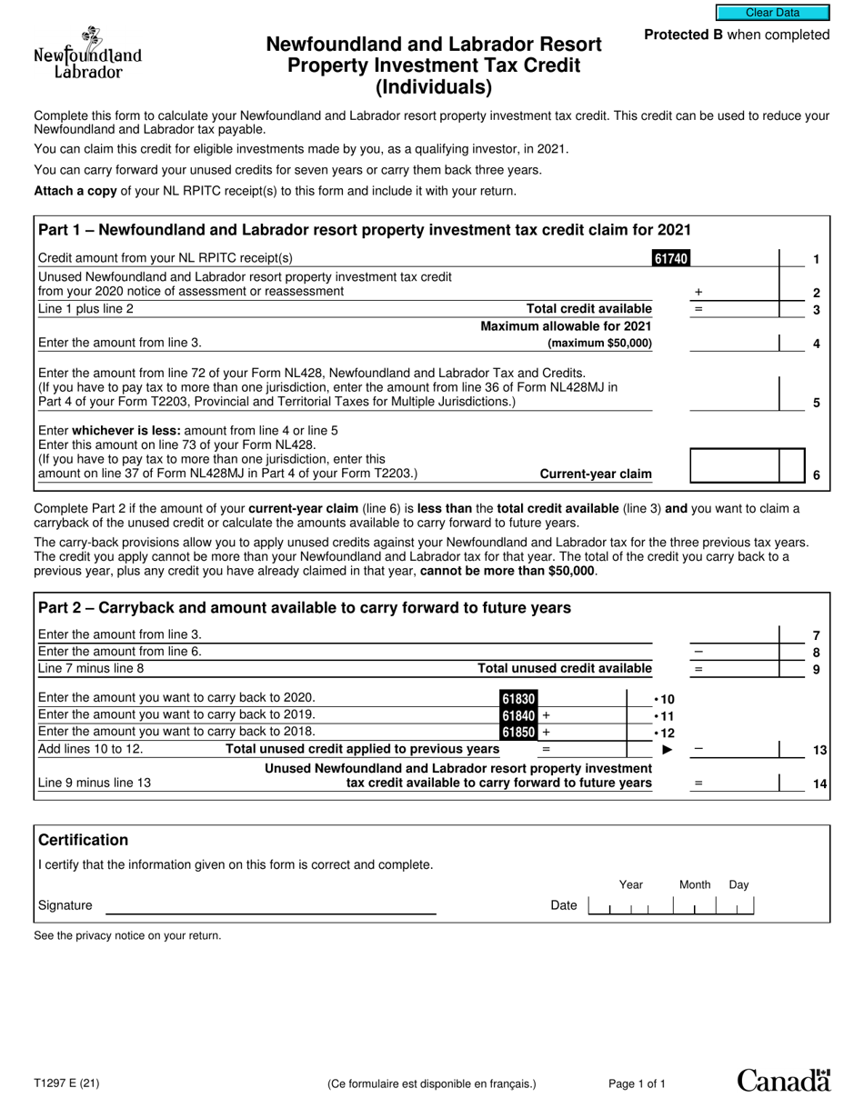 Form T1297 Newfoundland and Labrador Resort Property Investment Tax Credit (Individuals) - Canada, Page 1