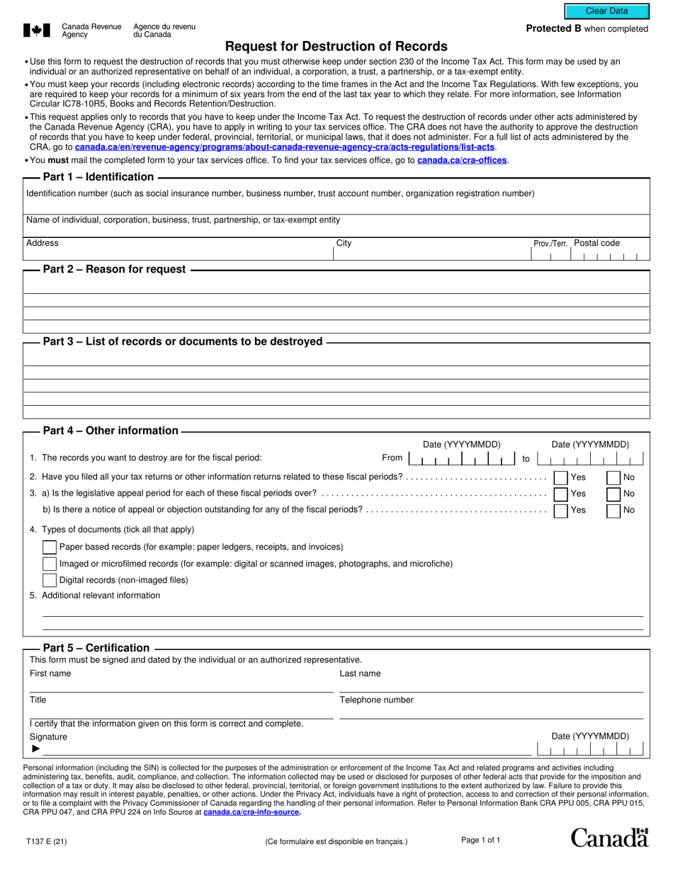 Form T137 Request for Destruction of Records - Canada, Page 1