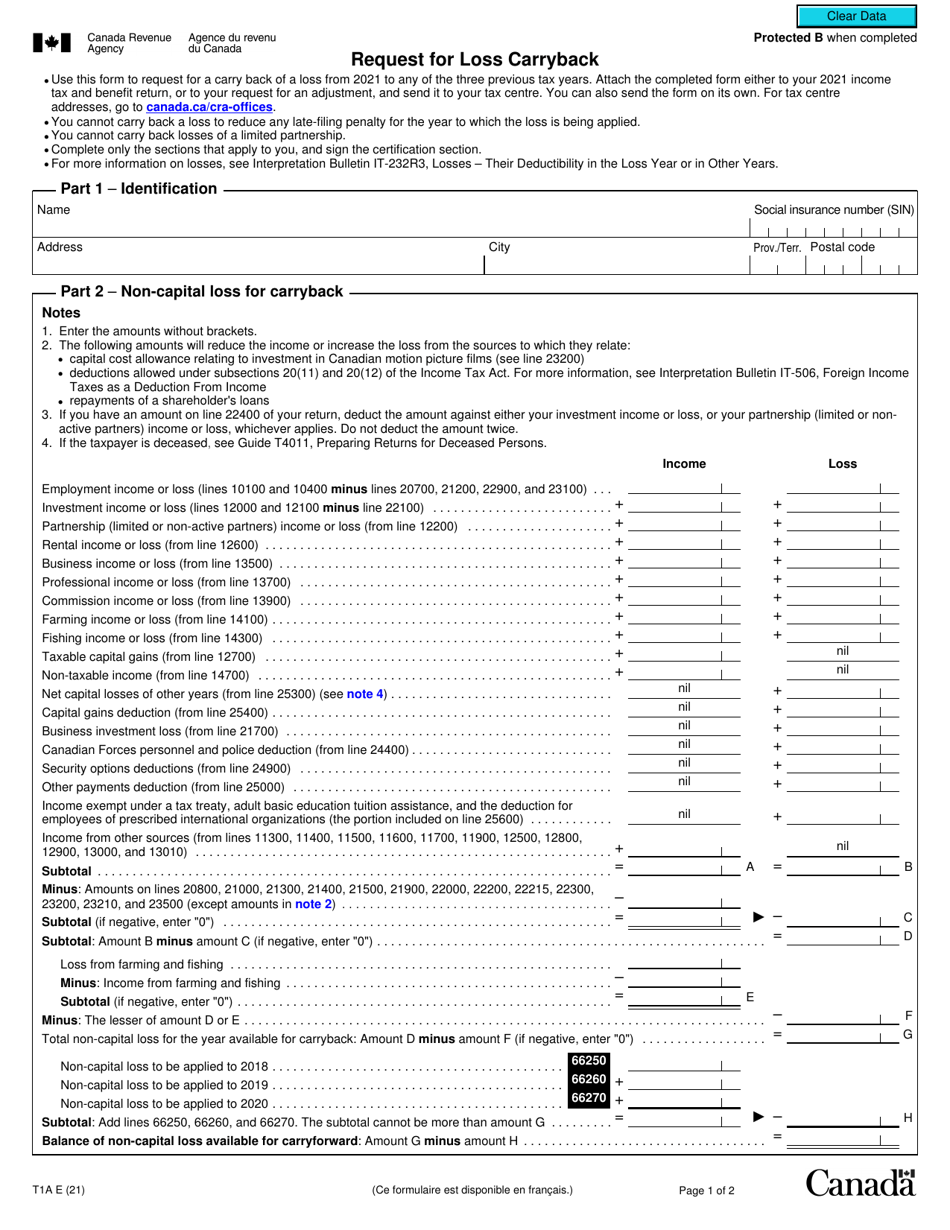 Form T1A Request for Loss Carryback - Canada, Page 1