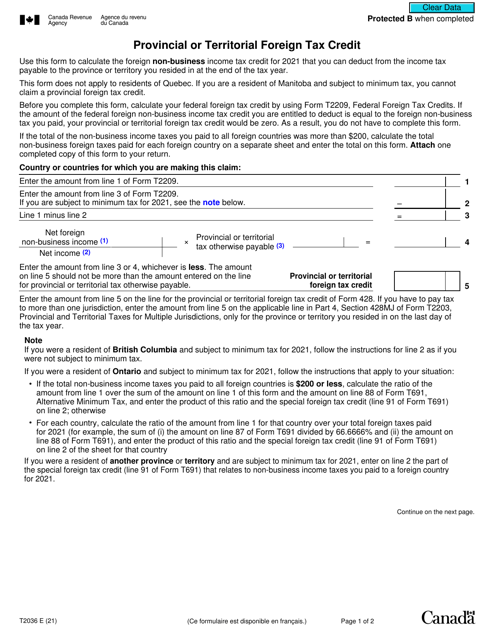 Form T2036 Provincial or Territorial Foreign Tax Credit - Canada