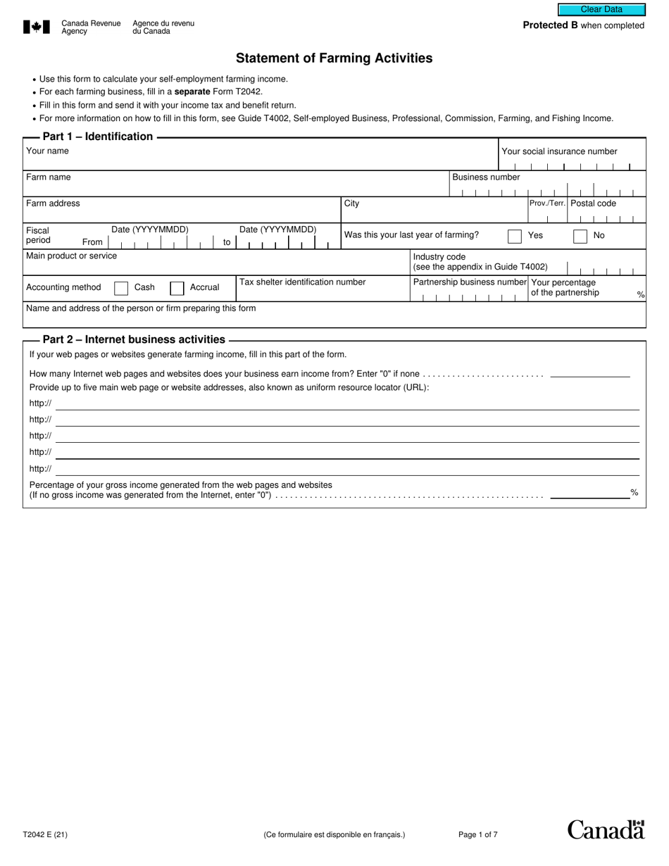 Form T2042 Statement of Farming Activities - Canada, Page 1