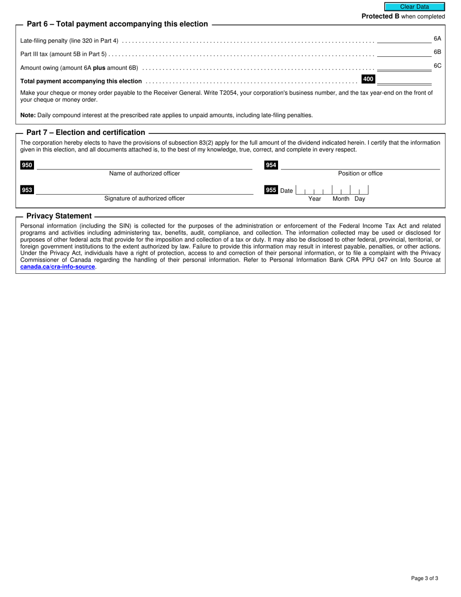 Form T2054 Election for a Capital Dividend Under Subsection 83(2) - Canada, Page 3