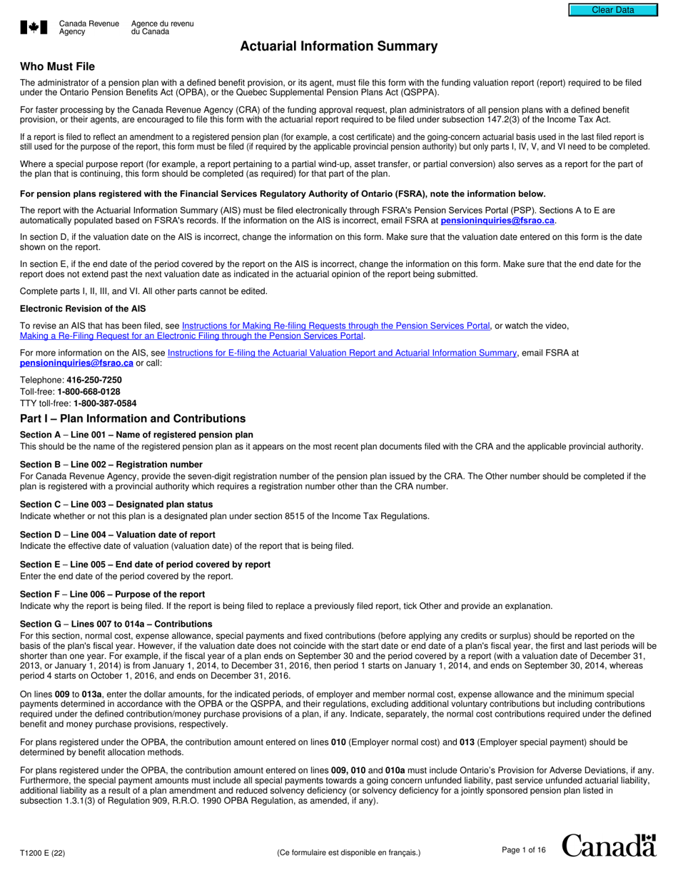 Form T1200 Actuarial Information Summary - Canada, Page 1