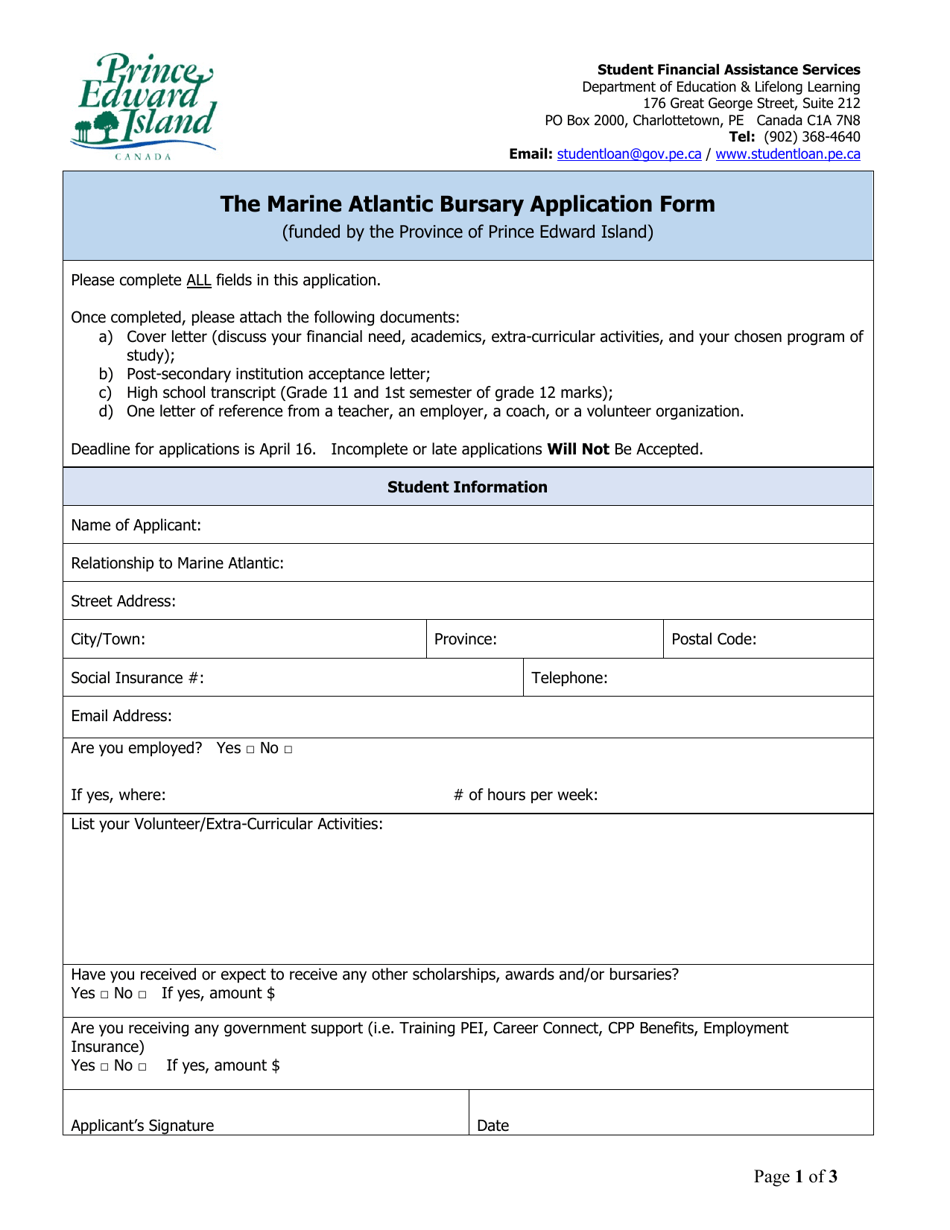 The Marine Atlantic Bursary Application Form - Prince Edward Island, Canada, Page 1
