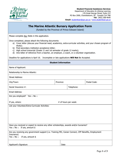 The Marine Atlantic Bursary Application Form - Prince Edward Island, Canada