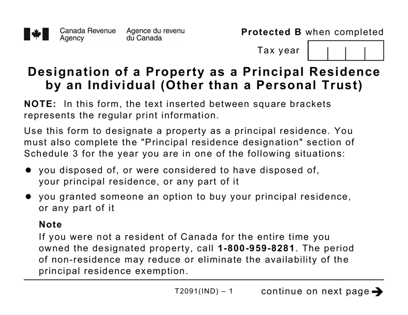 Form T2091IND Designation of a Property as a Principal Residence by an Individual (Other Than a Personal Trust) - Large Print - Canada