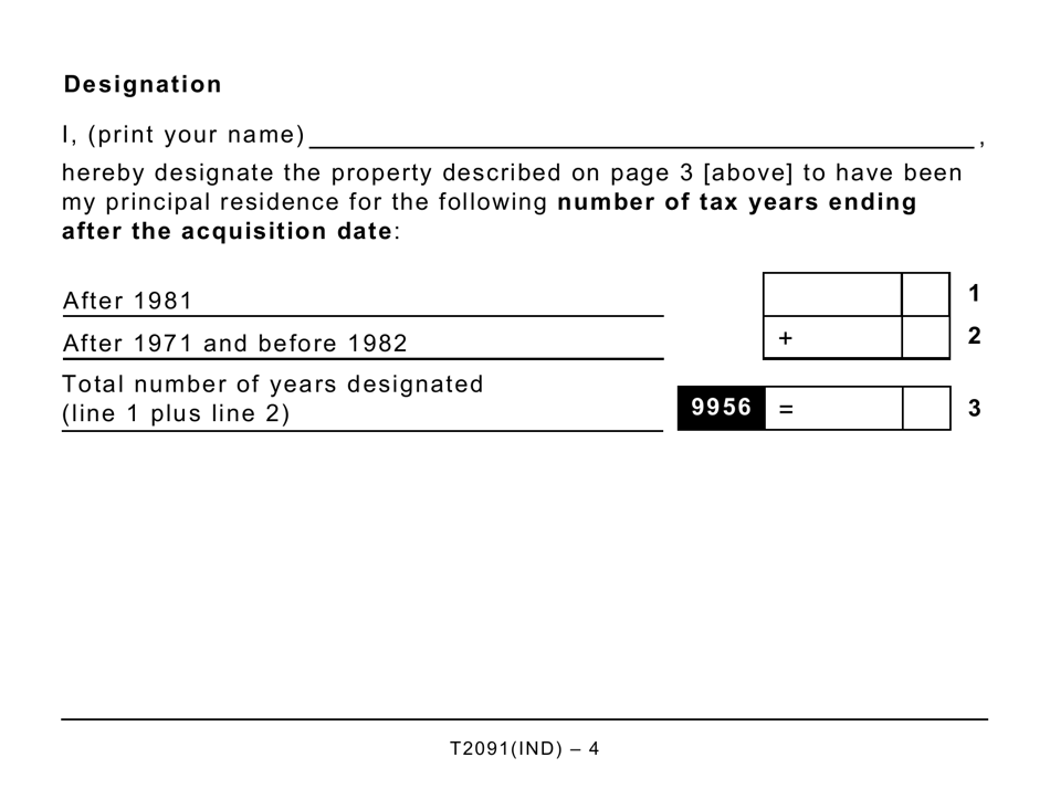 Form T2091IND Designation of a Property as a Principal Residence by an Individual (Other Than a Personal Trust) - Large Print - Canada, Page 4