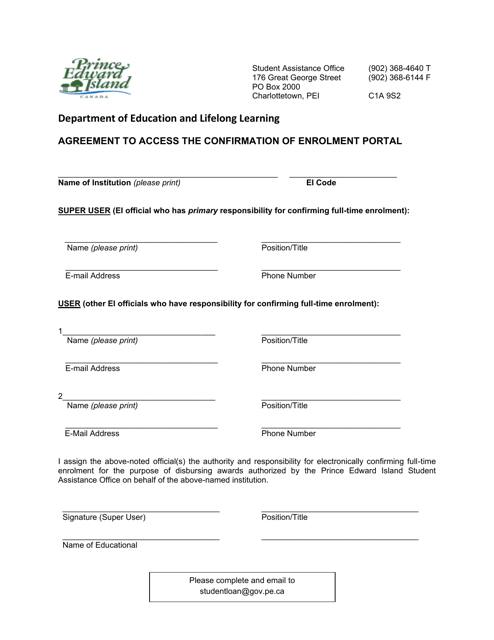 Agreement to Access the Confirmation of Enrolment Portal - Prince Edward Island, Canada