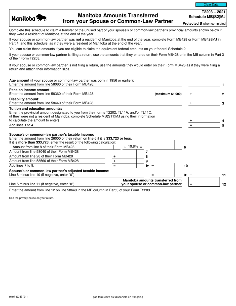 Form T2203 (9407-S2) Schedule MB(S2)MJ Manitoba Amounts Transferred From Your Spouse or Common-Law Partner - Canada, Page 1