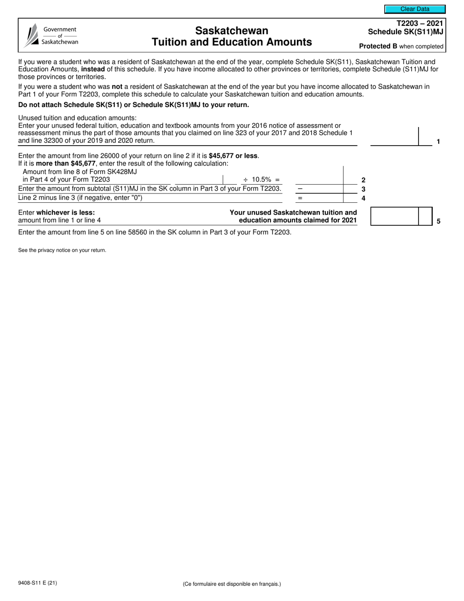 Form T2203 (9408-S11) Schedule SK(S11)MJ Saskatchewan Tuition and Education Amounts - Canada, Page 1