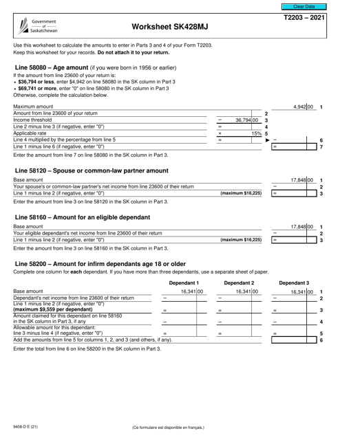 Form T2203 (9408-D) Worksheet SK428MJ 2021 Printable Pdf