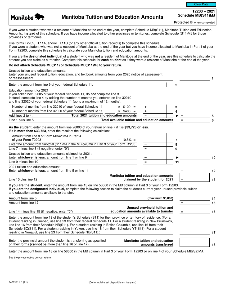 Form T2203 (9407-S11) Schedule MB(S11)MJ Manitoba Tuition and Education Amounts - Canada, Page 1