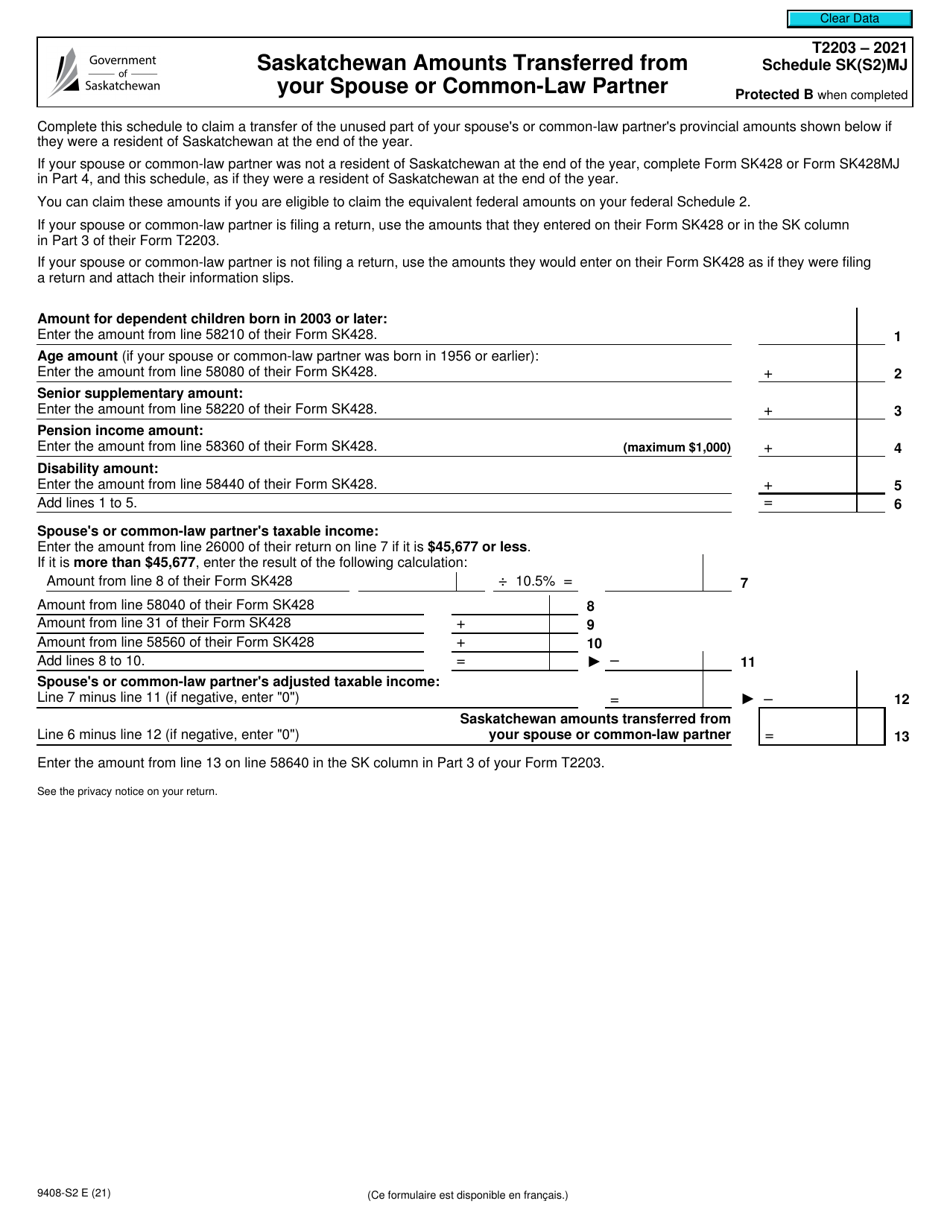 Form T2203 (9408-S2) Schedule SK(S2)MJ Saskatchewan Amounts Transferred From Your Spouse or Common-Law Partner - Canada, Page 1