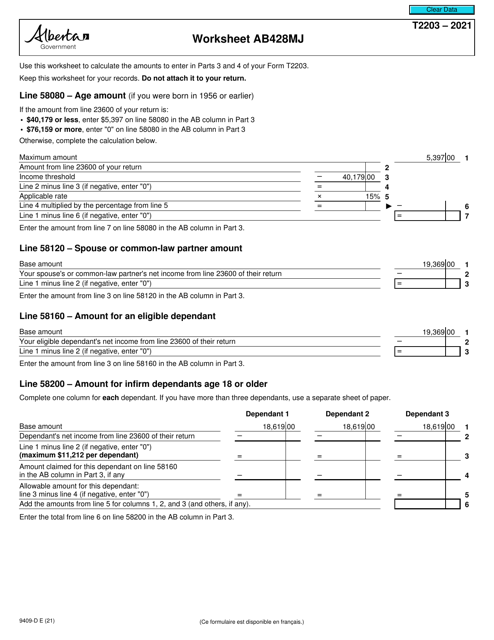 Form T2203 (9409-D) Worksheet AB428MJ 2021 Printable Pdf