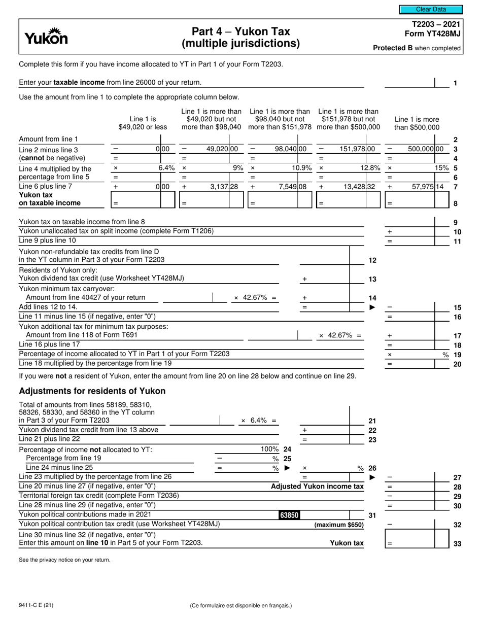 Form T2203 (YT428MJ; 9411-C) Part 4 Yukon Tax (Multiple Jurisdictions) - Canada, Page 1