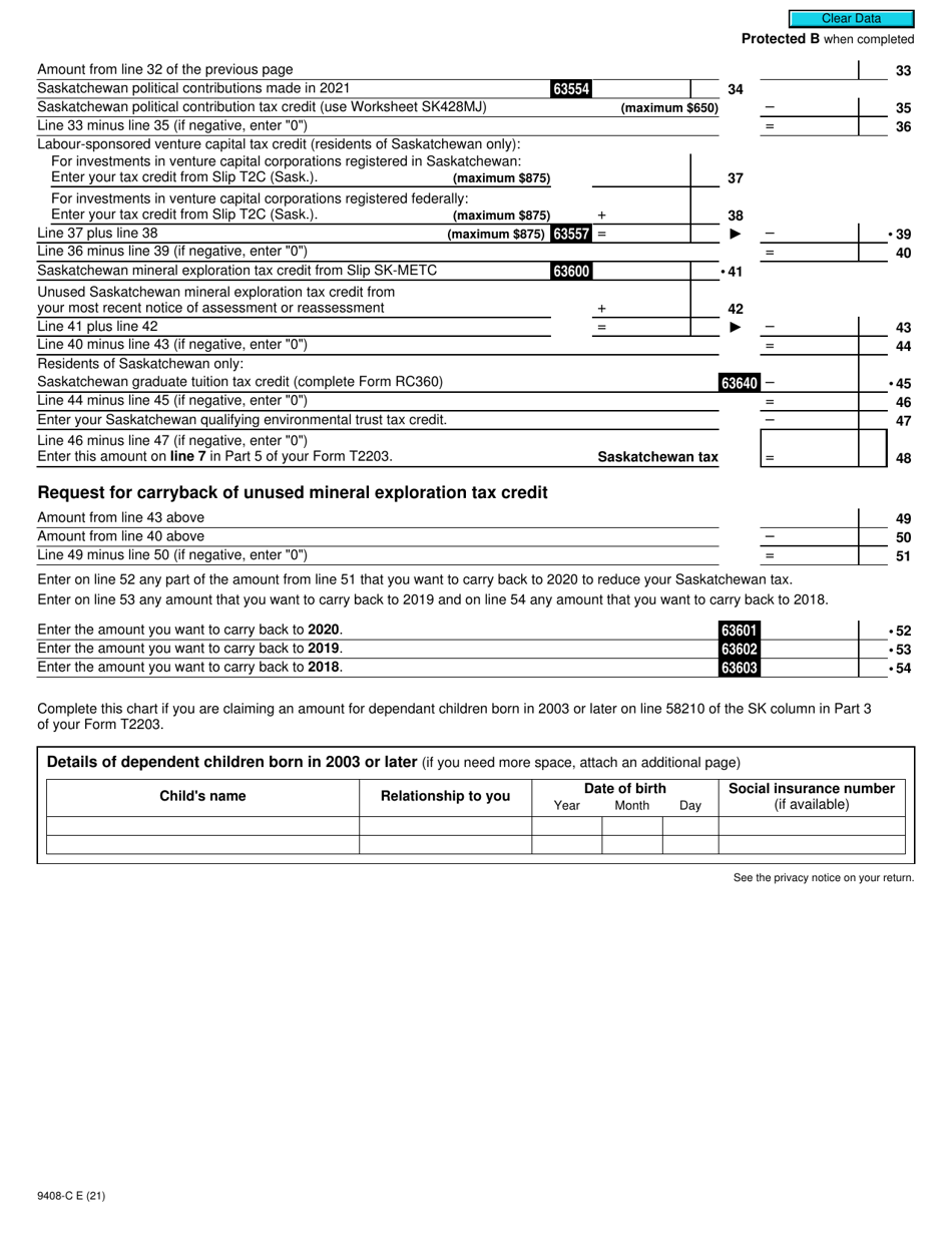 Form T2203 (SK428MJ; 9408-C) Part 4 Saskatchewan Tax (Multiple Jurisdictions) - Canada, Page 2