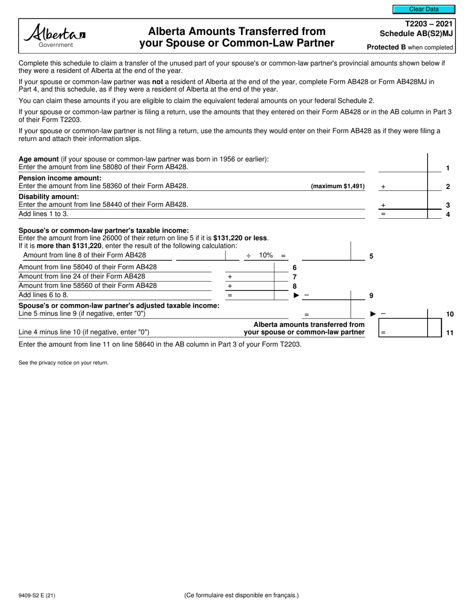 Form T2203 (9409-S2) Schedule AB(S2)MJ Alberta Amounts Transferred From Your Spouse or Common-Law Partner - Canada, Page 1