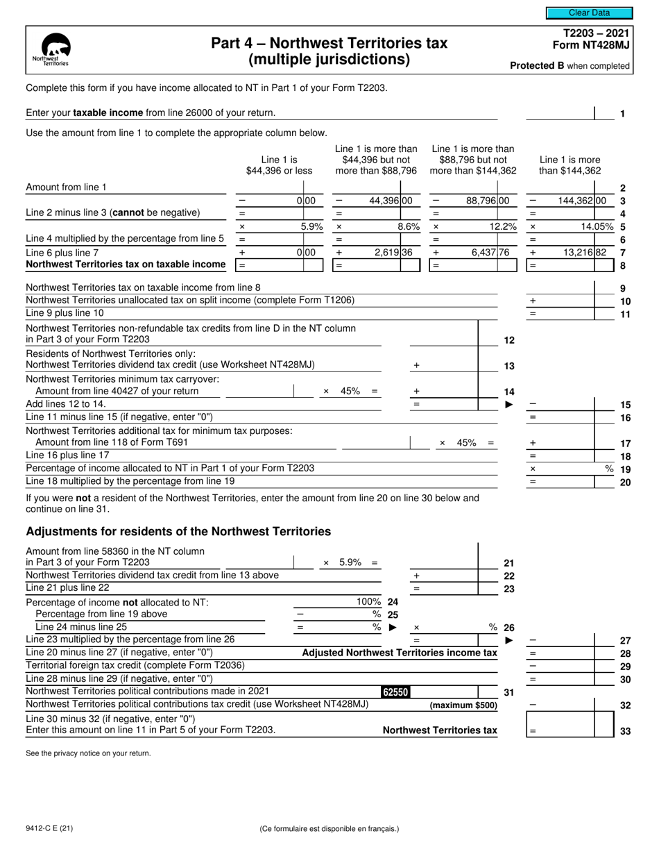 Form T2203 (NT428MJ; 9412-C) Part 4 Northwest Territories Tax (Multiple Jurisdictions) - Canada, Page 1