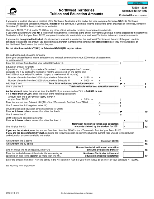 Form T2203 (9412-S11) Schedule NT(S11)MJ 2021 Printable Pdf